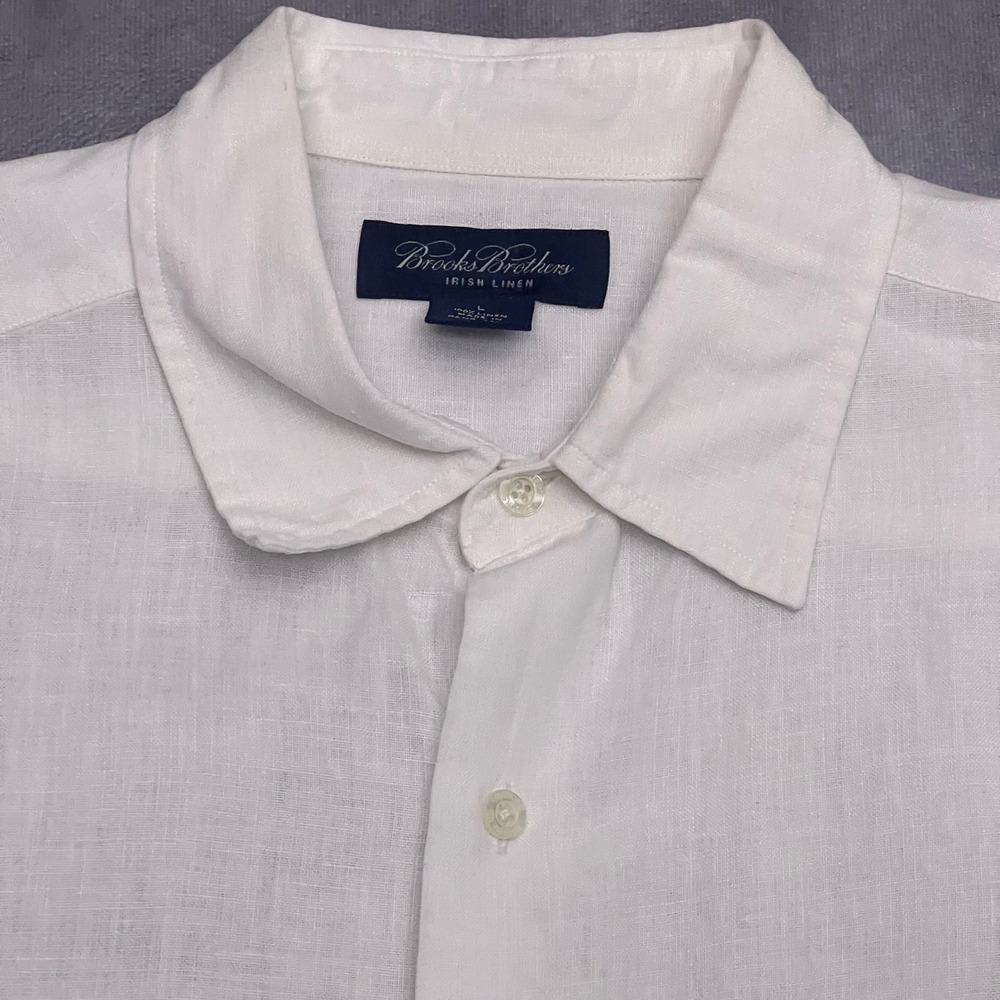 Brooks Brothers Shirt Mens L White Exc Irish Linen Short Sleeve Button Down